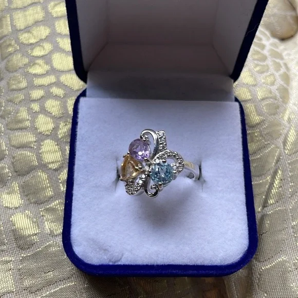 NEW Amethyst, yellow quartz and aquamarine sterling 925 duo ring and earrings. - Picture 8 of 8